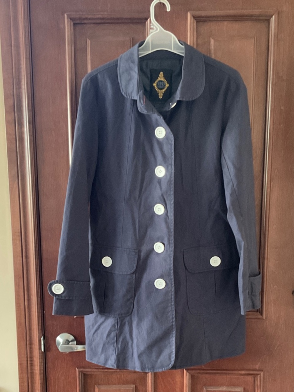 BB Dakota Navy Button-Front Trench Coat with White Buttons